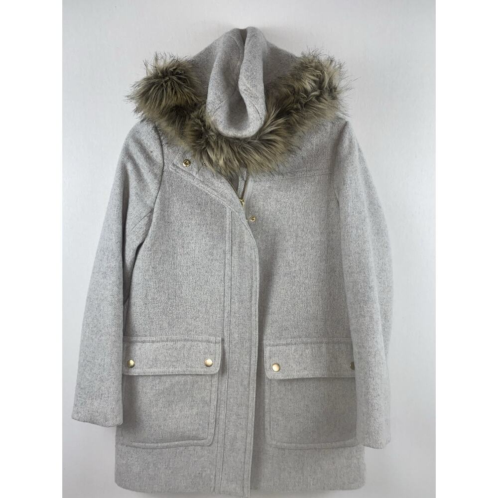 J Crew Vail Parka Heather Grey Fur Lined Hooded Jacket Women’s 2x small/ 00